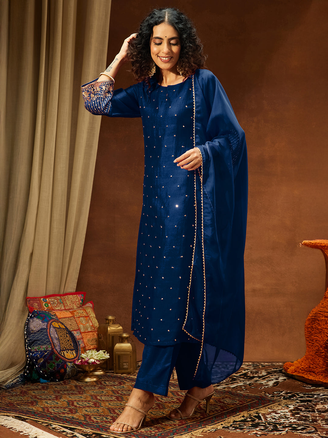 Teal Silk Blend Embellished 3-Piece Kurta Set