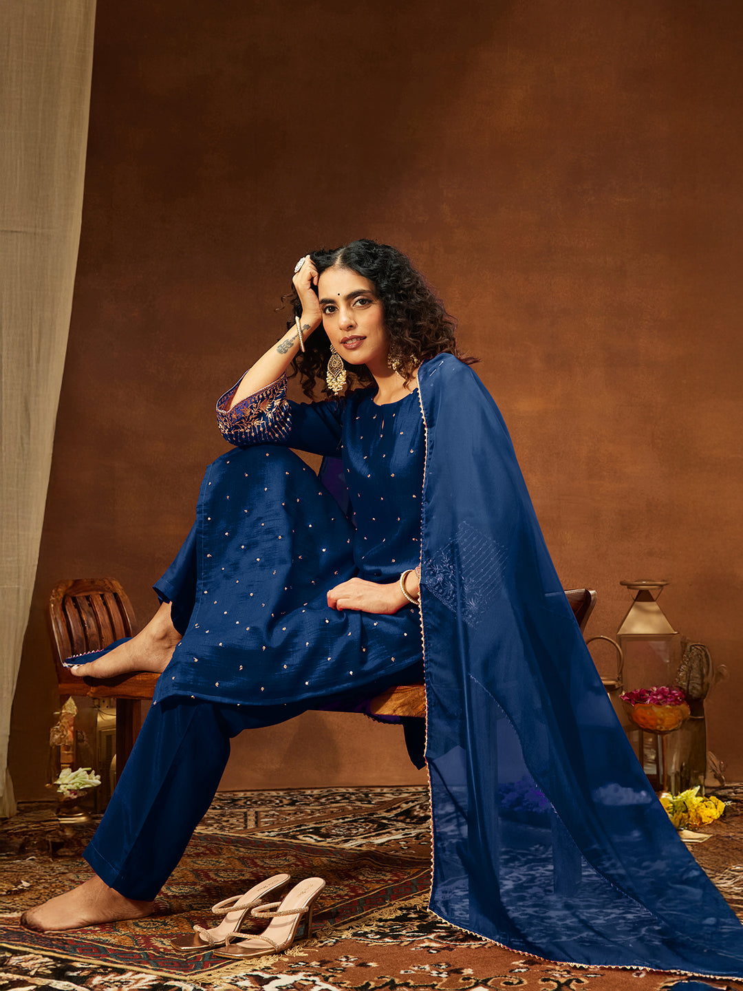 Teal Silk Blend Embellished 3-Piece Kurta Set