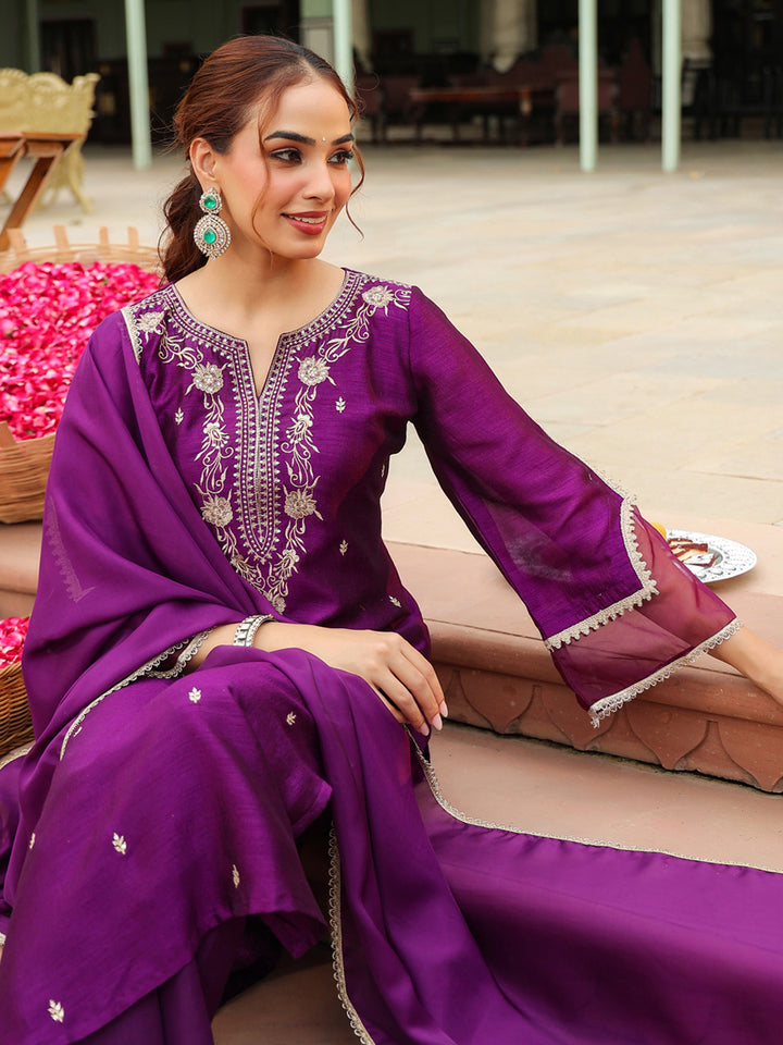 Purple Silk Blend Embroidered 3-Piece Kurta Set