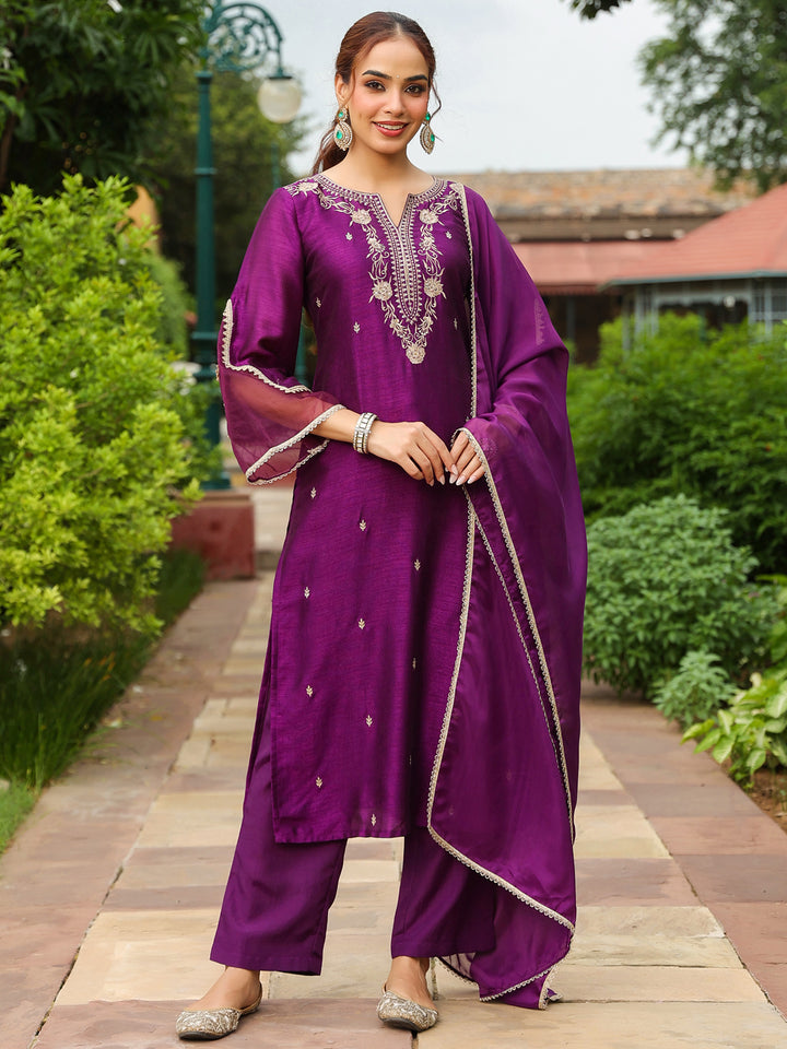 Purple Silk Blend Embroidered 3-Piece Kurta Set