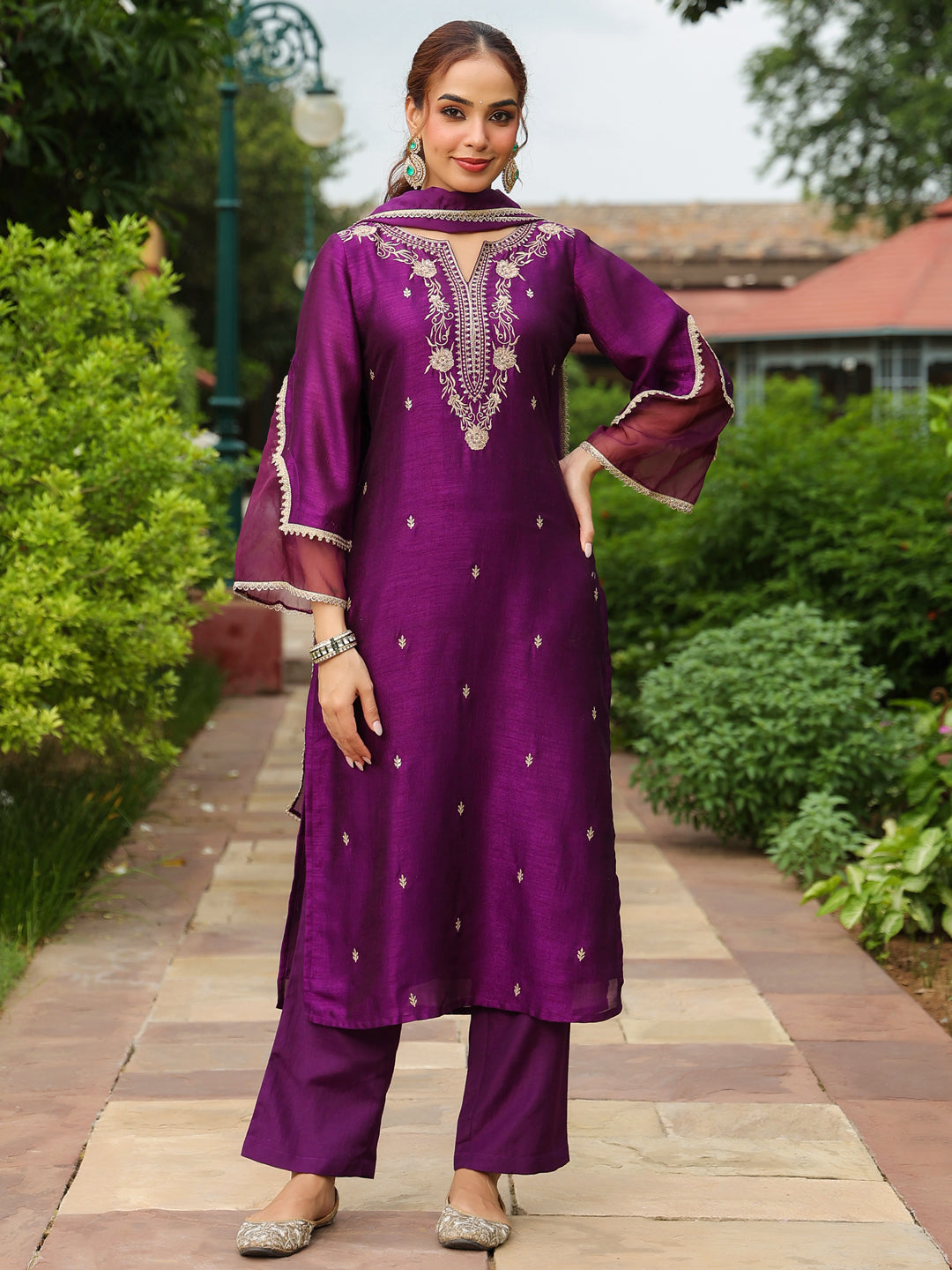 Purple Silk Blend Embroidered 3-Piece Kurta Set