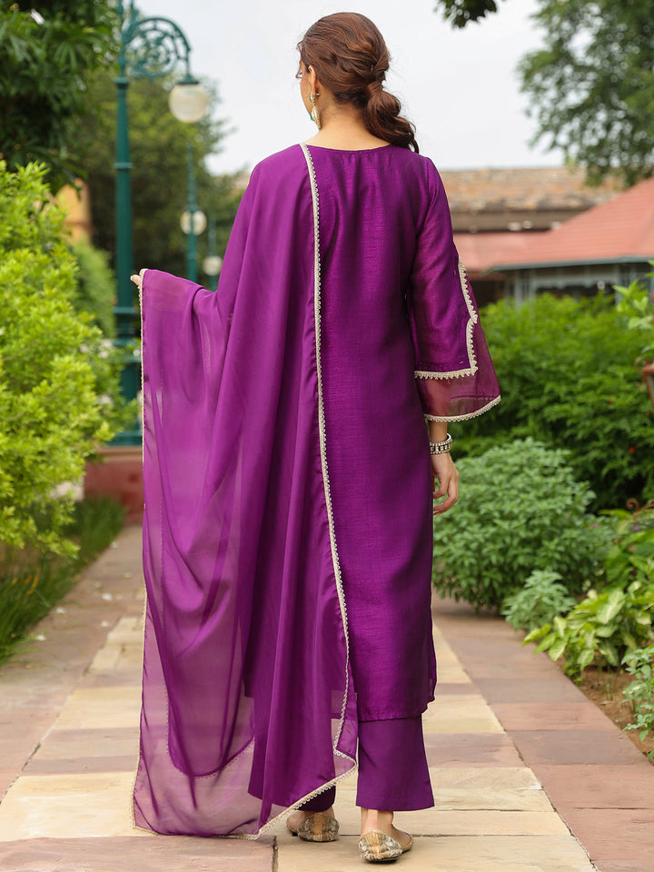 Purple Silk Blend Embroidered 3-Piece Kurta Set