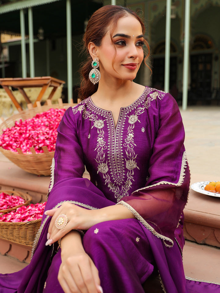 Purple Silk Blend Embroidered 3-Piece Kurta Set