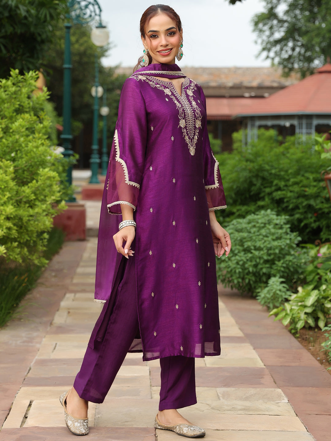 Purple Silk Blend Embroidered 3-Piece Kurta Set