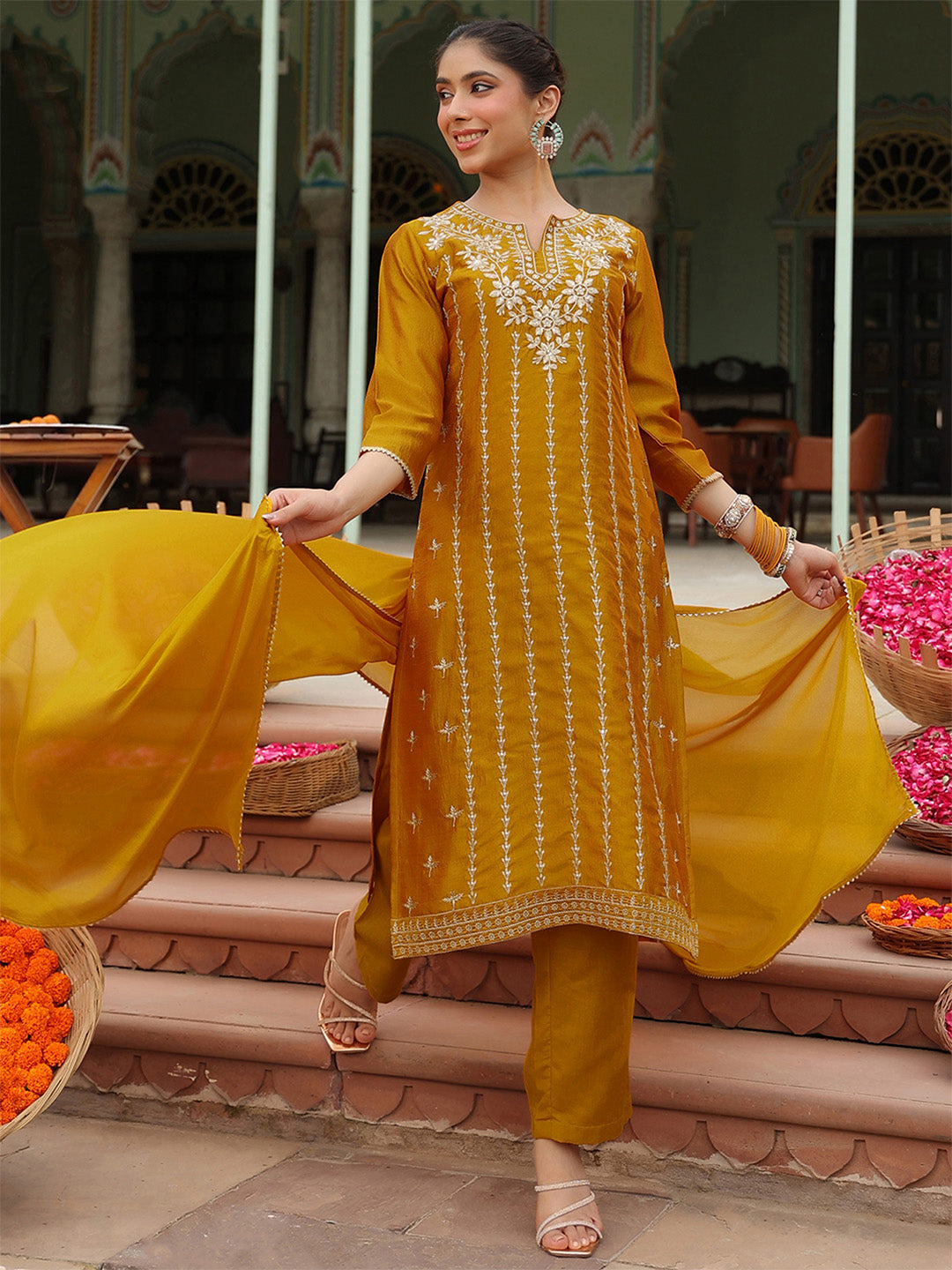 Mustard Silk Blend Embroidered 3-Piece Kurta Set
