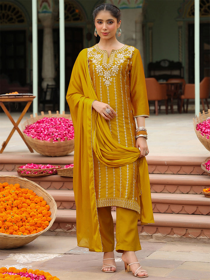 Mustard Silk Blend Embroidered 3-Piece Kurta Set
