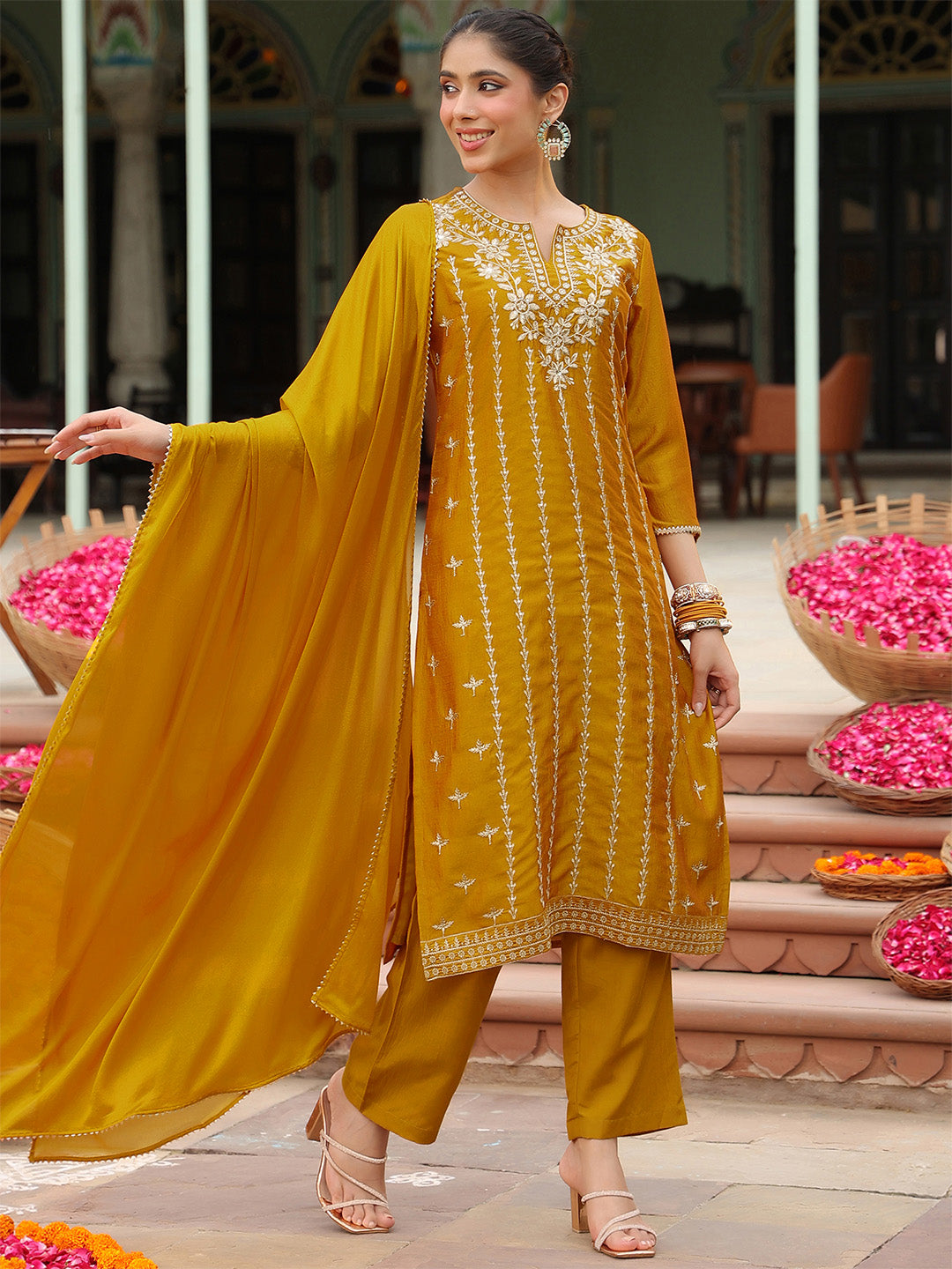 Mustard Silk Blend Embroidered 3-Piece Kurta Set