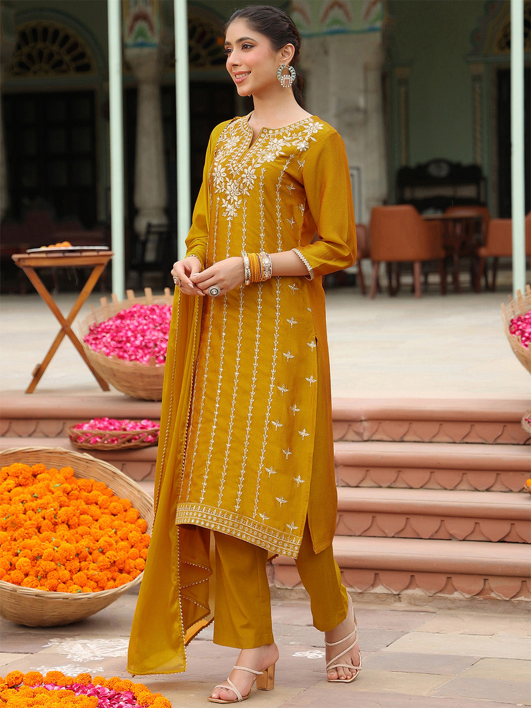 Mustard Silk Blend Embroidered 3-Piece Kurta Set