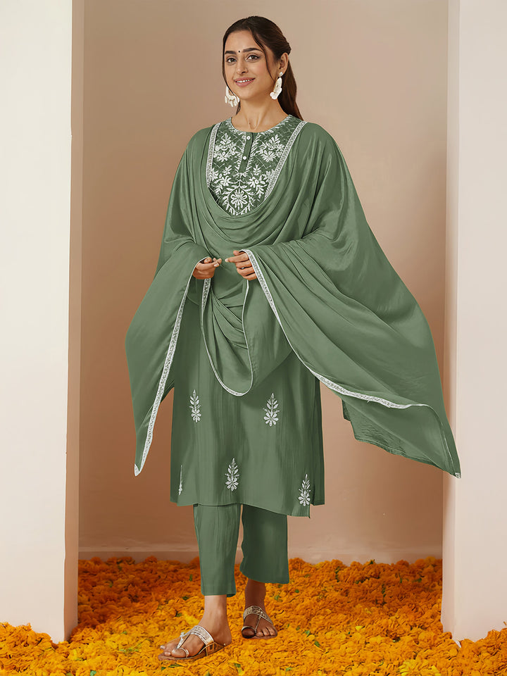 Sage Silk Blend Embroidered 3-Piece Kurta Set