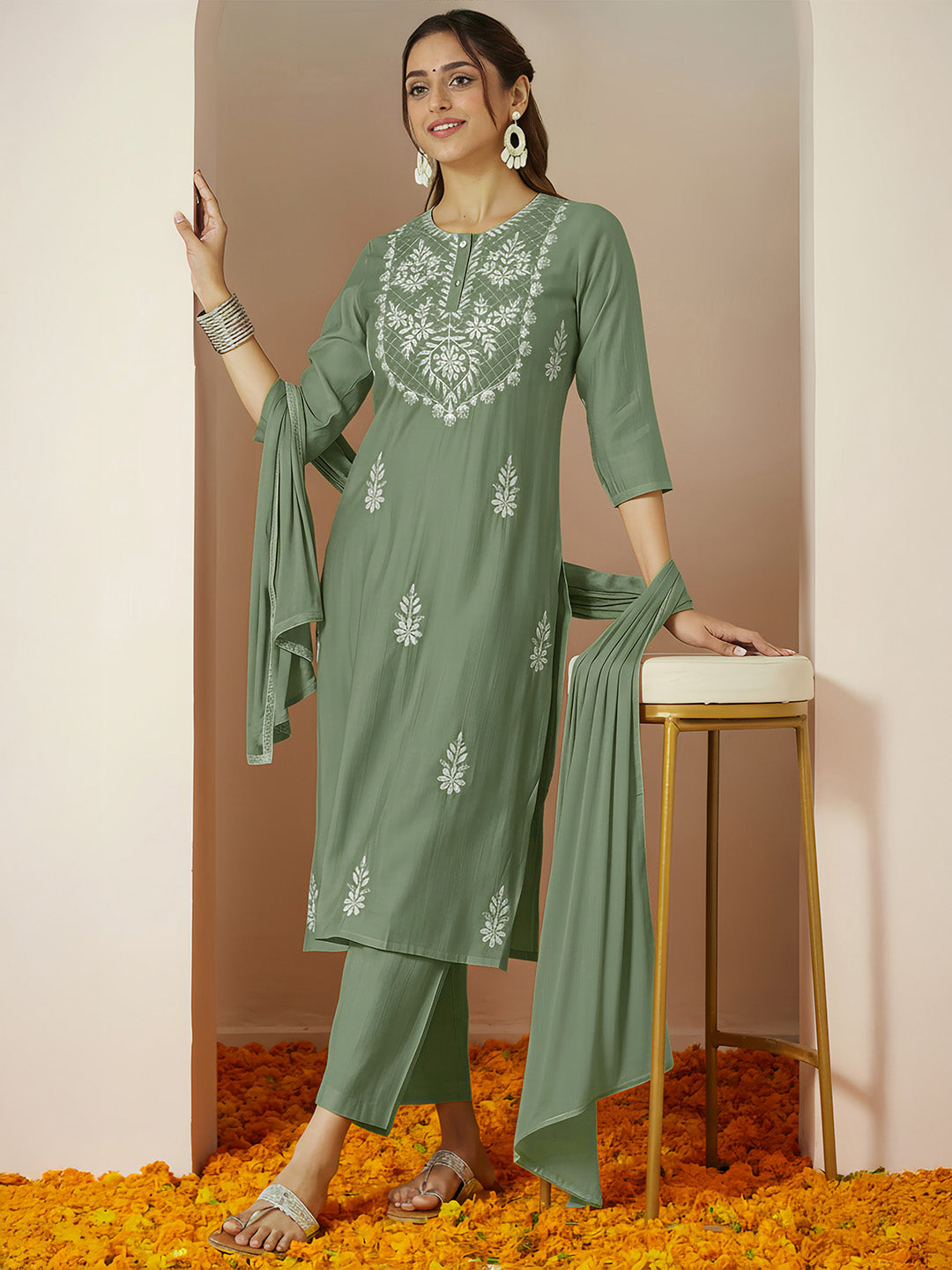 Sage Silk Blend Embroidered 3-Piece Kurta Set