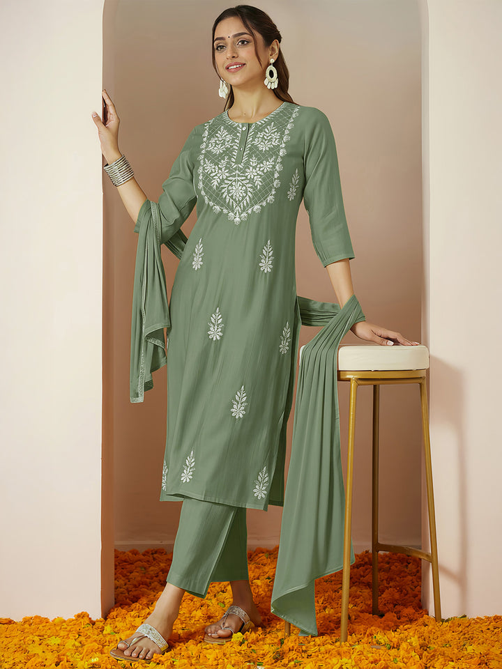 Sage Silk Blend Embroidered 3-Piece Kurta Set