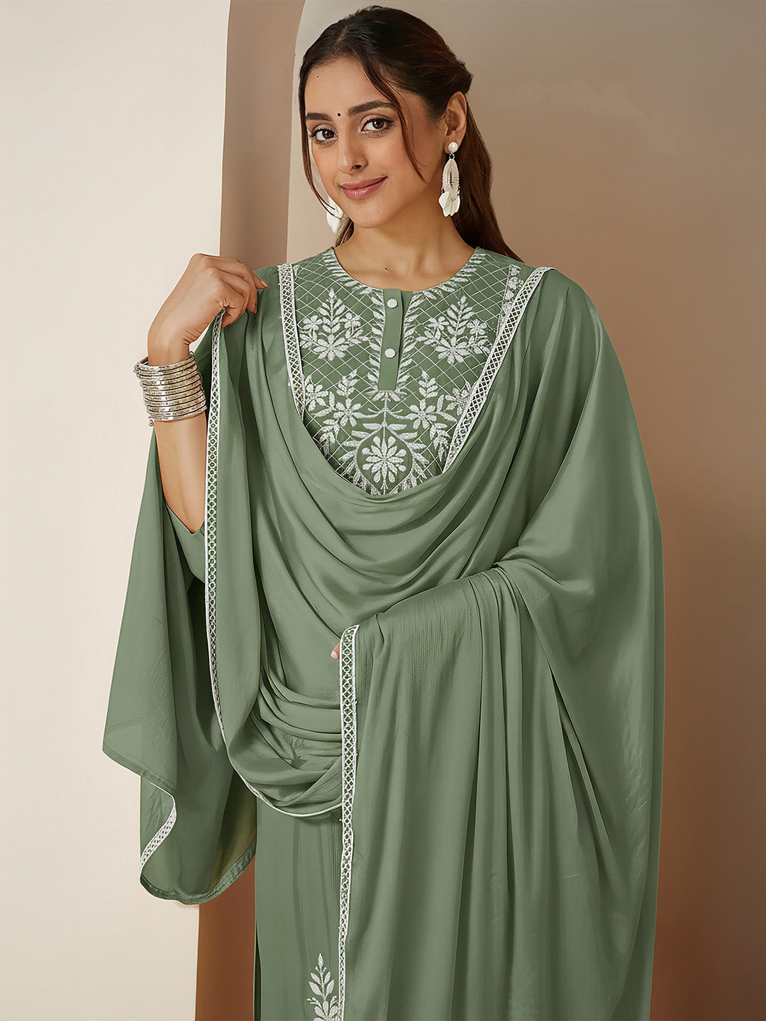 Sage Silk Blend Embroidered 3-Piece Kurta Set