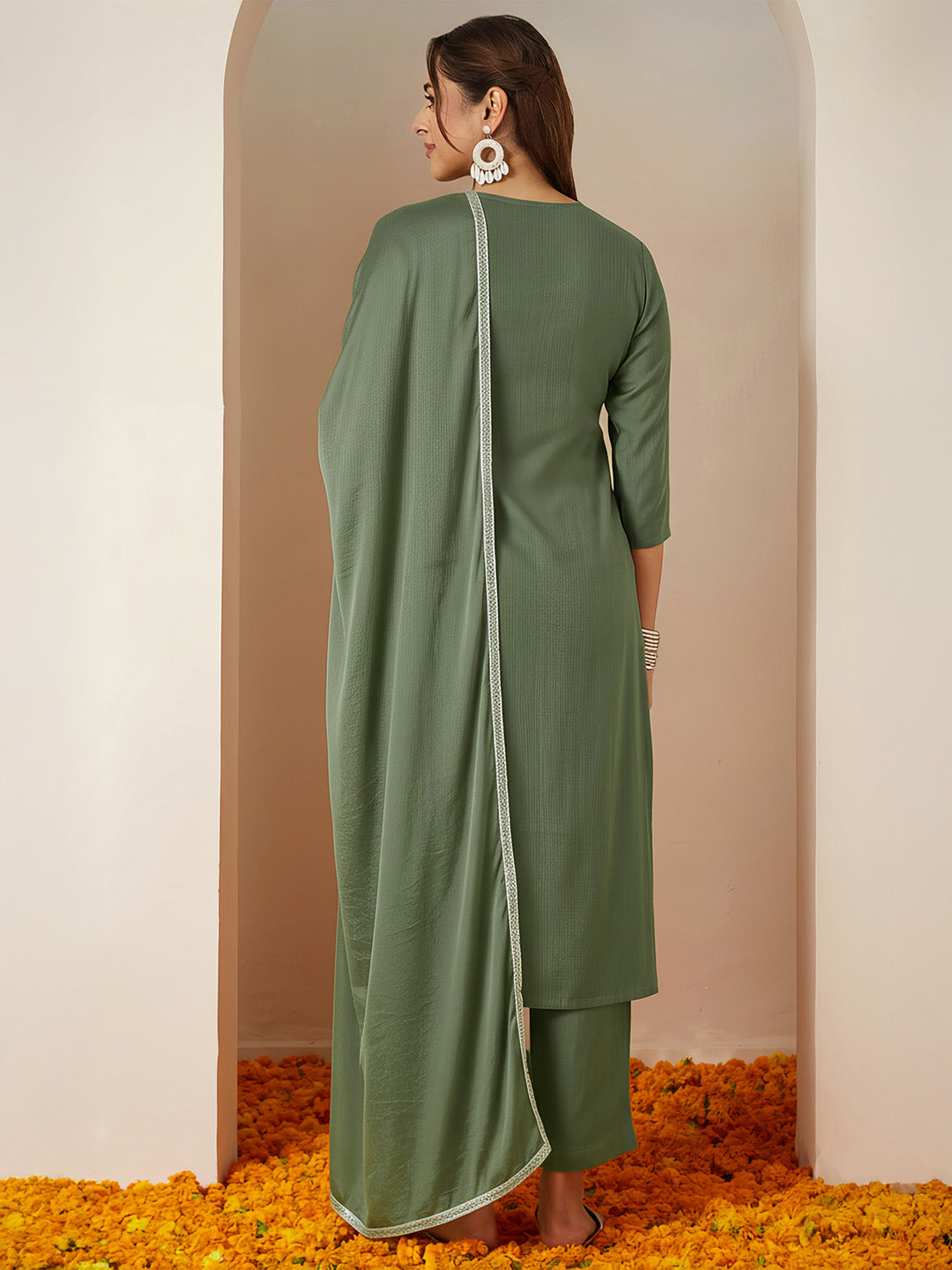 Sage Silk Blend Embroidered 3-Piece Kurta Set