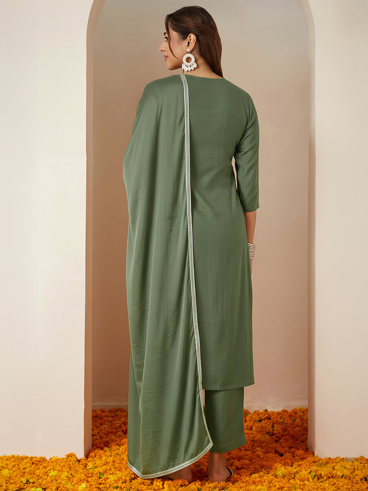 Sage Silk Blend Embroidered 3-Piece Kurta Set