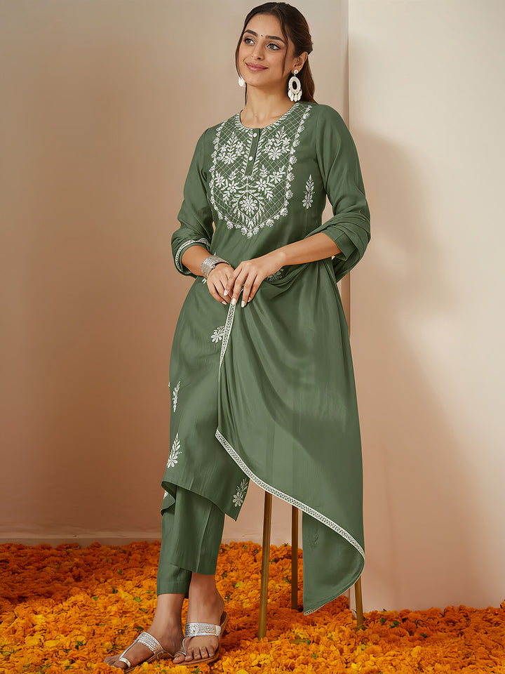 Sage Silk Blend Embroidered 3-Piece Kurta Set