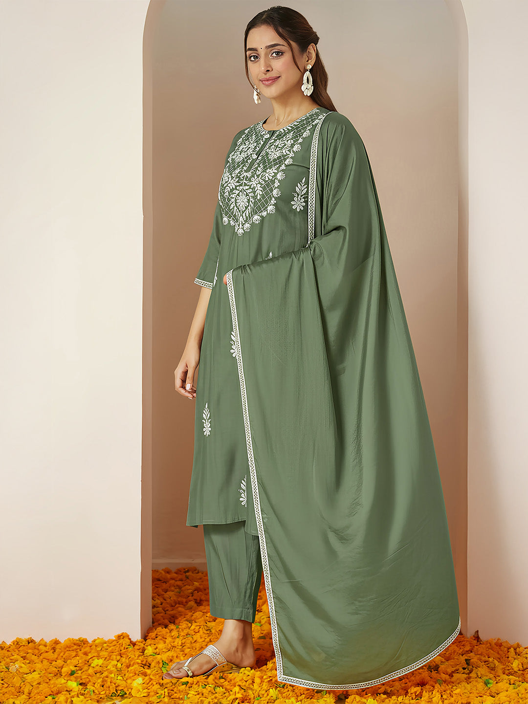 Sage Silk Blend Embroidered 3-Piece Kurta Set