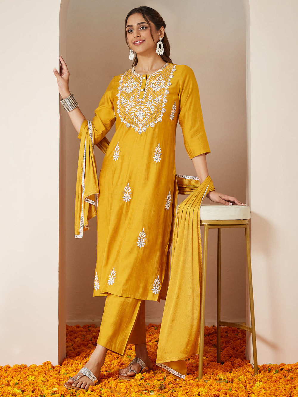 Mustard-Silk-Blend-Straight-Embroidered-3-Piece-Kurta-Set