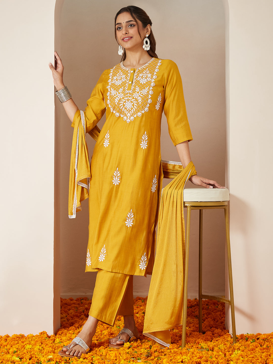 Mustard-Silk-Blend-Straight-Embroidered-3-Piece-Kurta-Set