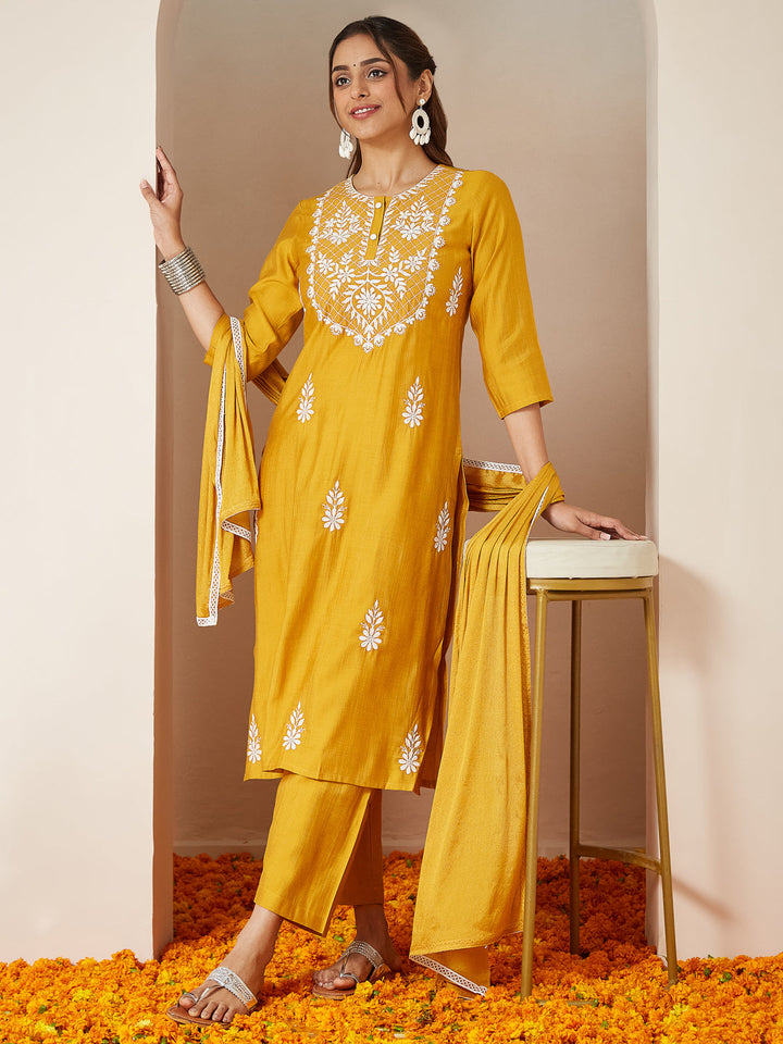 Mustard-Silk-Blend-Straight-Embroidered-3-Piece-Kurta-Set