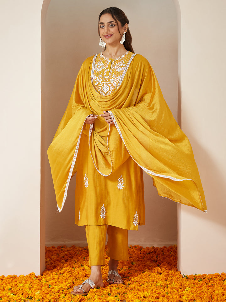 Mustard-Silk-Blend-Straight-Embroidered-3-Piece-Kurta-Set