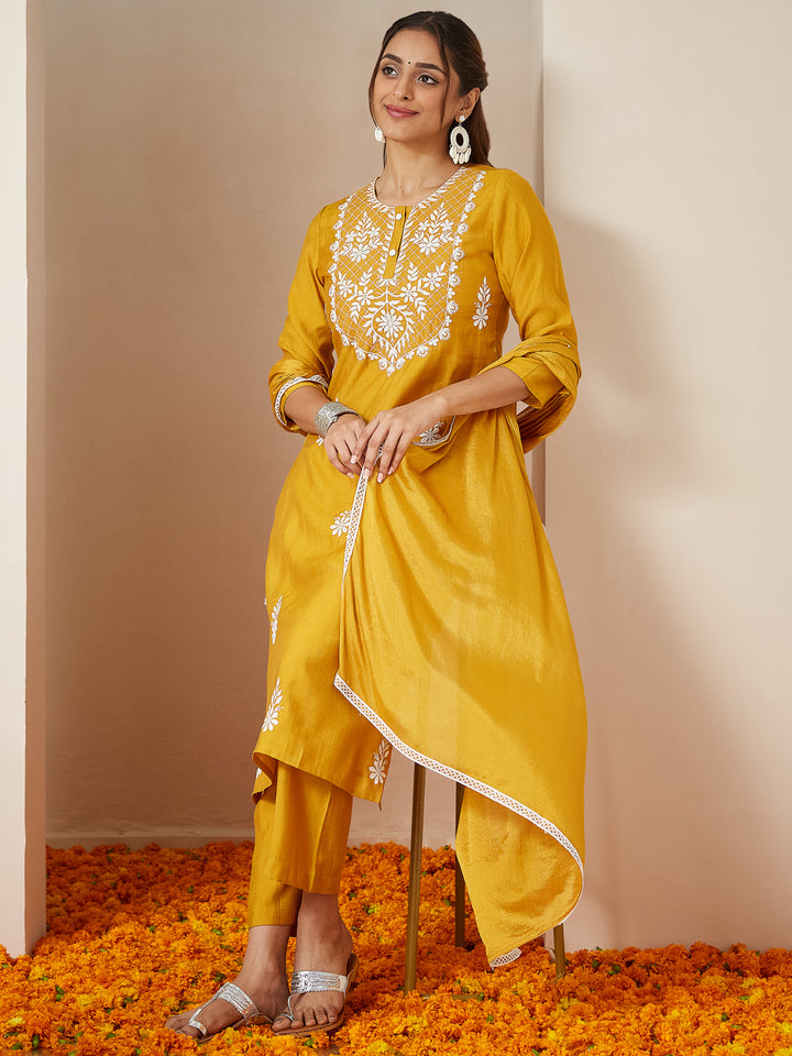 Mustard-Silk-Blend-Straight-Embroidered-3-Piece-Kurta-Set