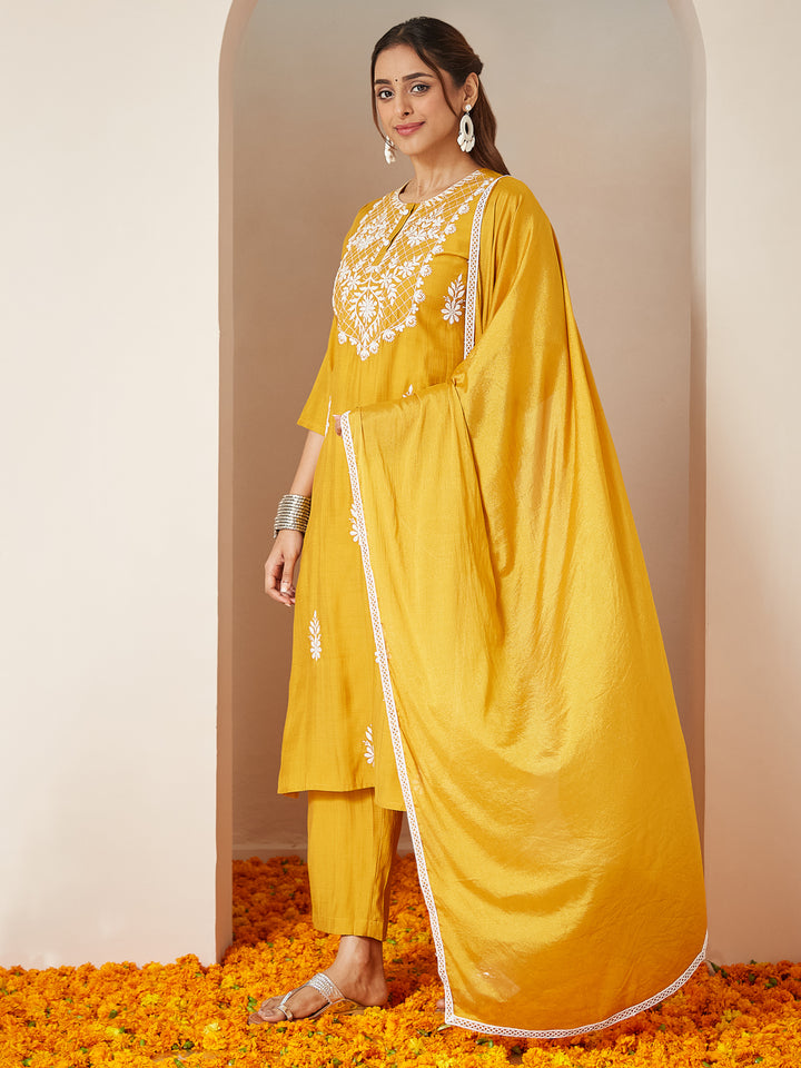 Mustard-Silk-Blend-Straight-Embroidered-3-Piece-Kurta-Set