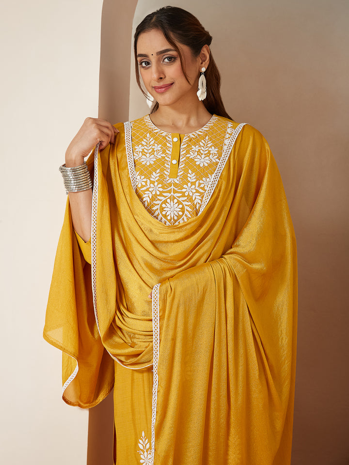 Mustard-Silk-Blend-Straight-Embroidered-3-Piece-Kurta-Set
