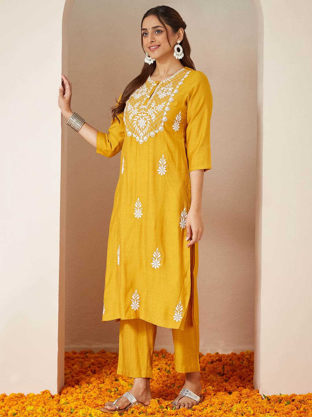 Mustard-Silk-Blend-Straight-Embroidered-3-Piece-Kurta-Set