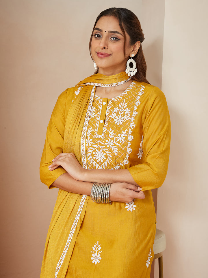 Mustard-Silk-Blend-Straight-Embroidered-3-Piece-Kurta-Set