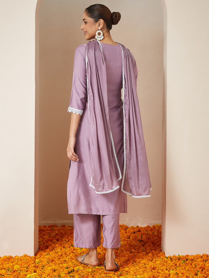 Lavender Pvgs Straight Embroidered 3-Piece Kurta Set