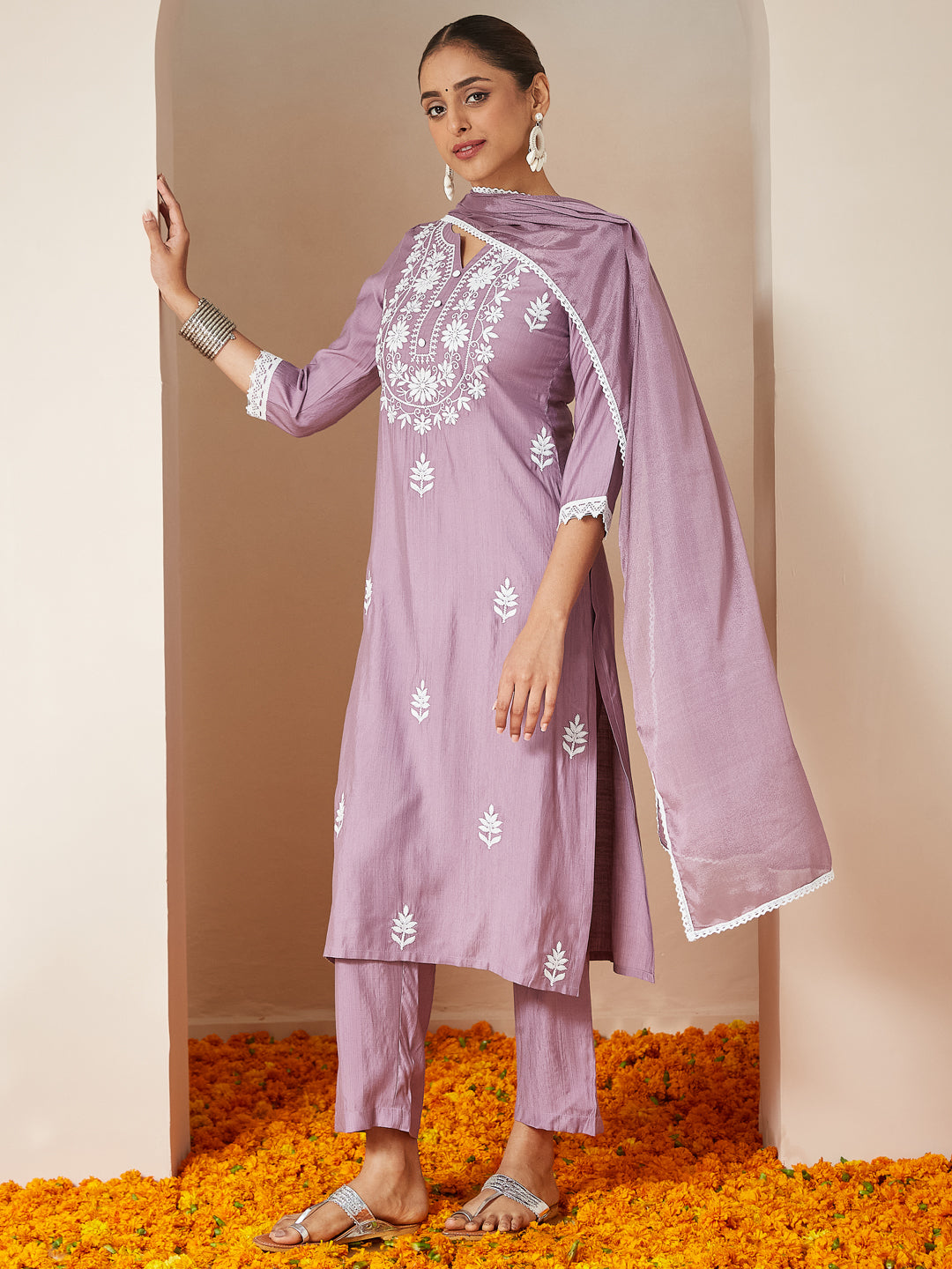 Lavender Pvgs Straight Embroidered 3-Piece Kurta Set
