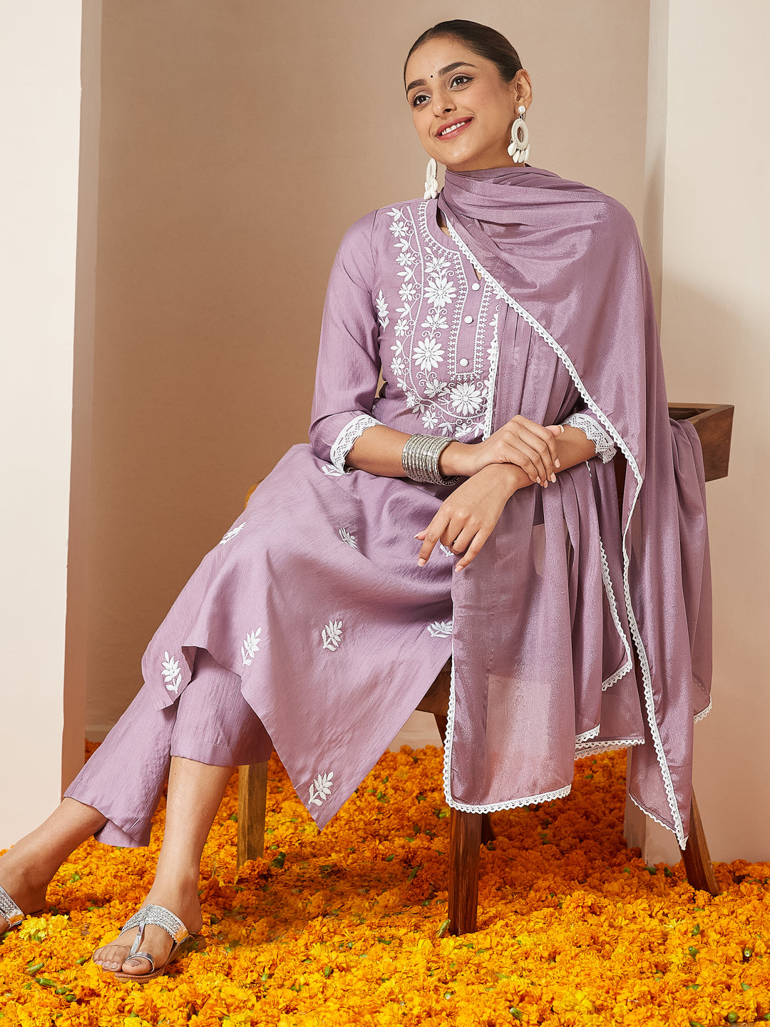 Lavender Pvgs Straight Embroidered 3-Piece Kurta Set