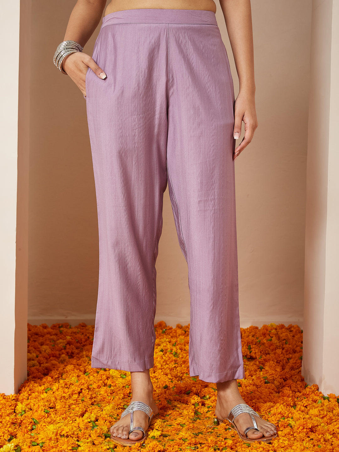 Lavender Pvgs Straight Embroidered 3-Piece Kurta Set