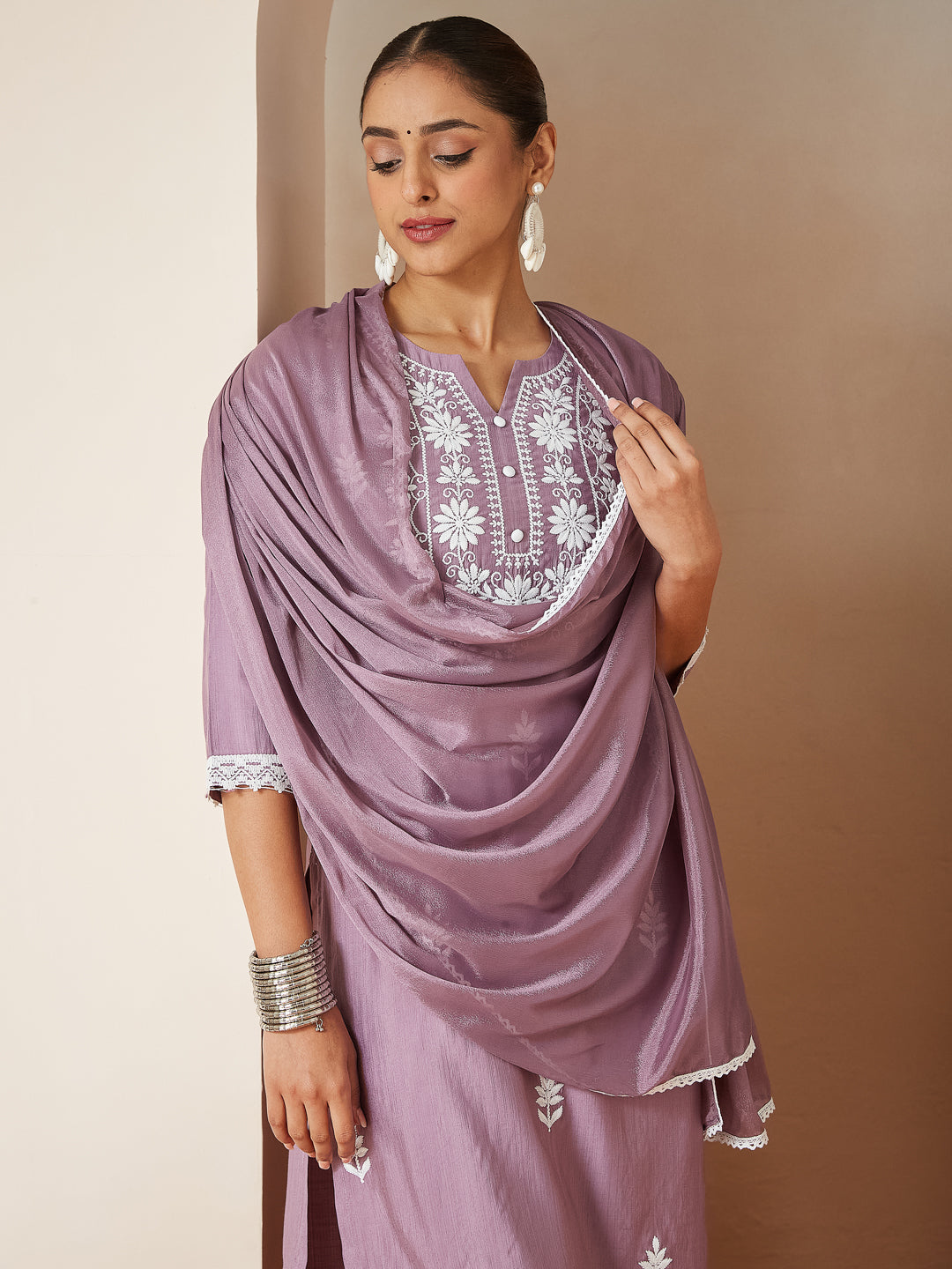 Lavender Pvgs Straight Embroidered 3-Piece Kurta Set