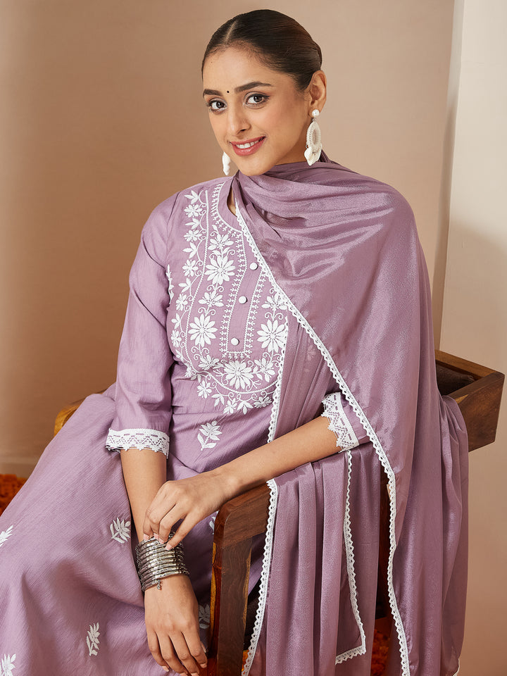 Lavender Pvgs Straight Embroidered 3-Piece Kurta Set