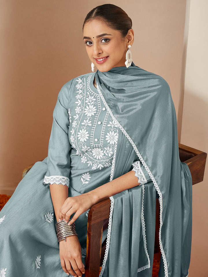 Powder Blue Silk Blend Embroidered 3-Piece Kurta Set