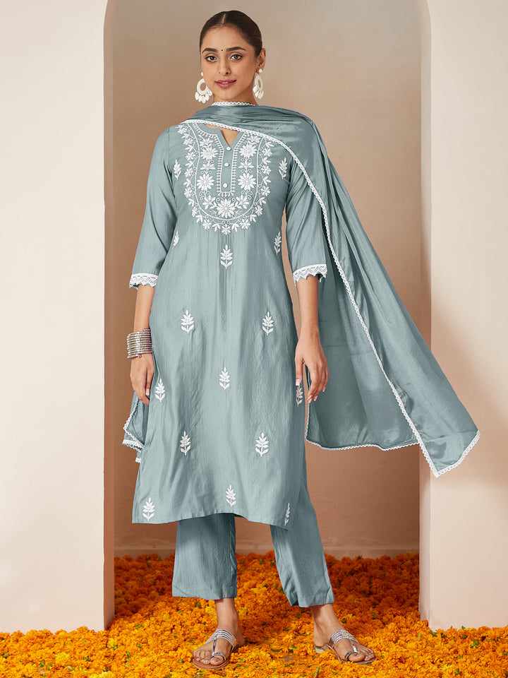 Powder Blue Silk Blend Embroidered 3-Piece Kurta Set
