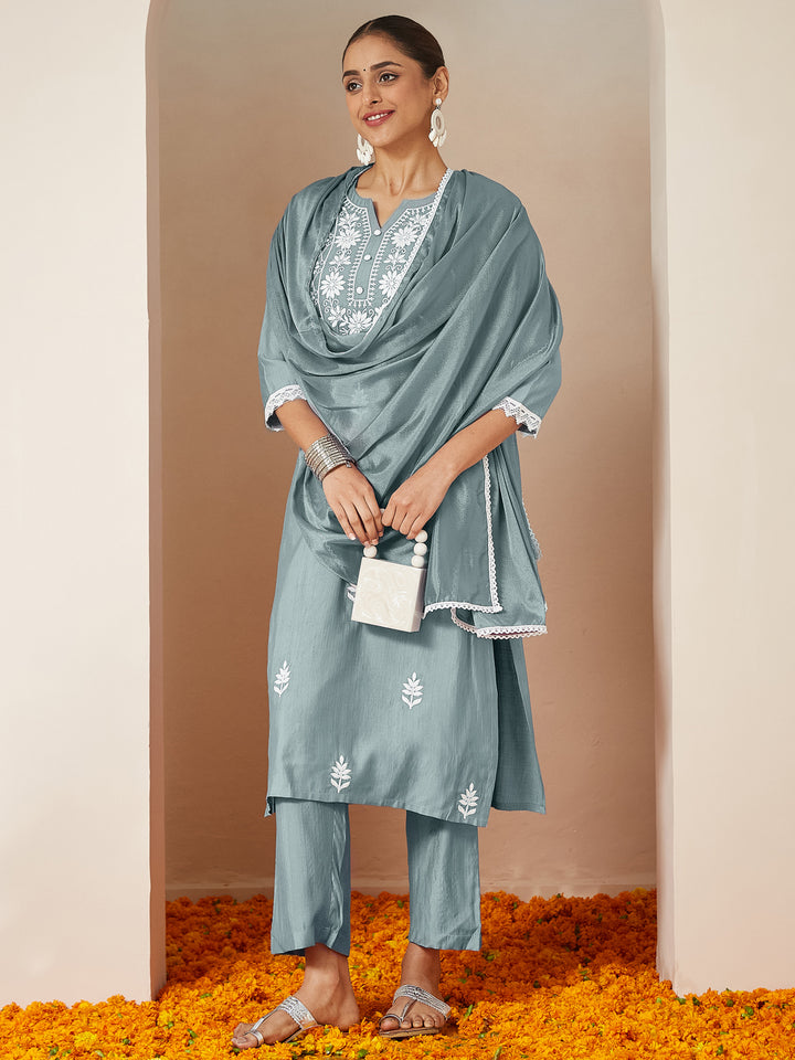 Powder Blue Silk Blend Embroidered 3-Piece Kurta Set
