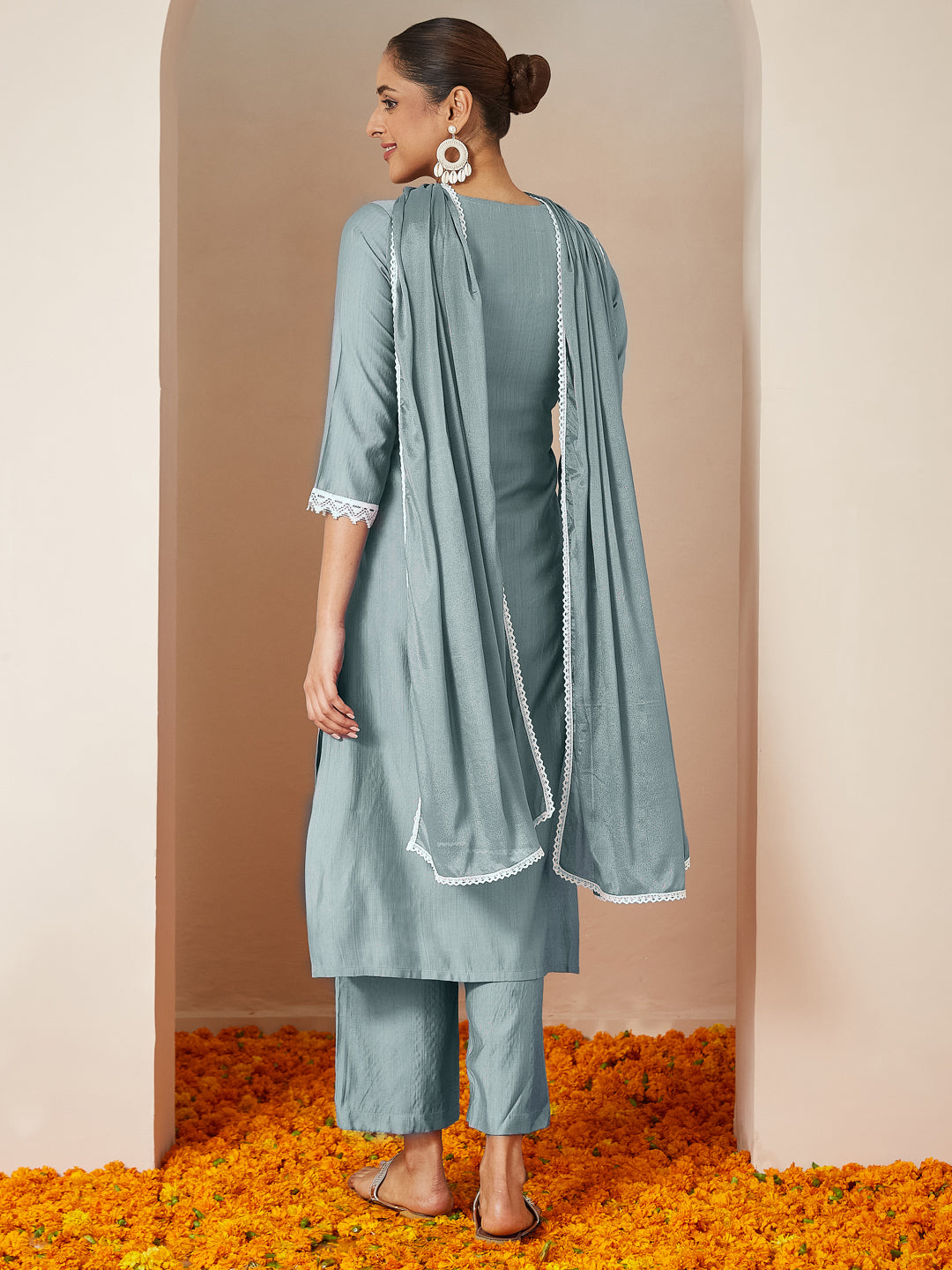 Powder Blue Silk Blend Embroidered 3-Piece Kurta Set