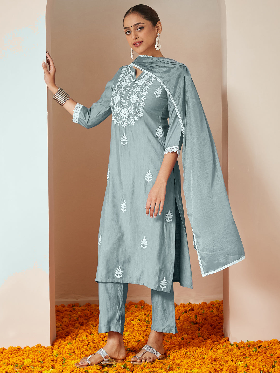 Powder Blue Silk Blend Embroidered 3-Piece Kurta Set