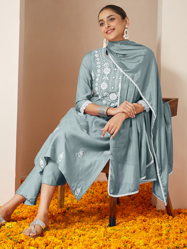 Powder Blue Silk Blend Embroidered 3-Piece Kurta Set