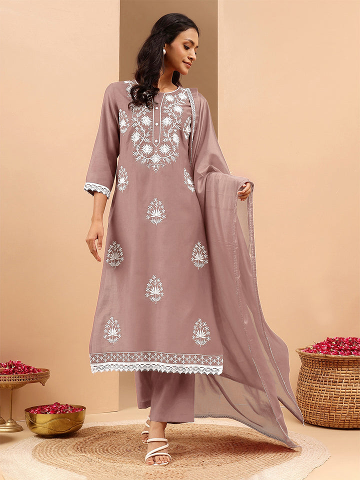 Brown Silk Blend Embroidered 3-Piece Kurta Set