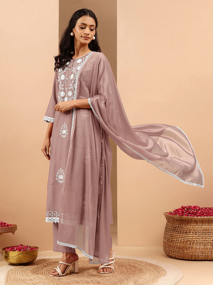 Brown Silk Blend Embroidered 3-Piece Kurta Set