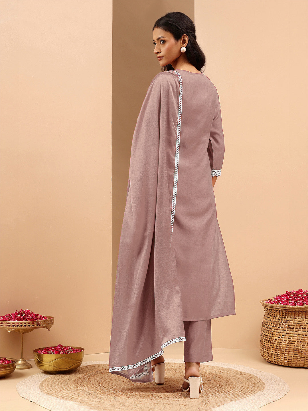 Brown Silk Blend Embroidered 3-Piece Kurta Set