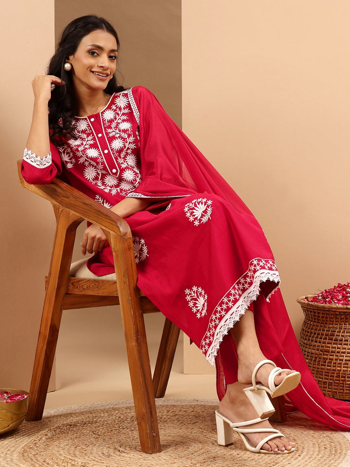 Maroon Silk Blend Embroidered 3-Piece Kurta Set