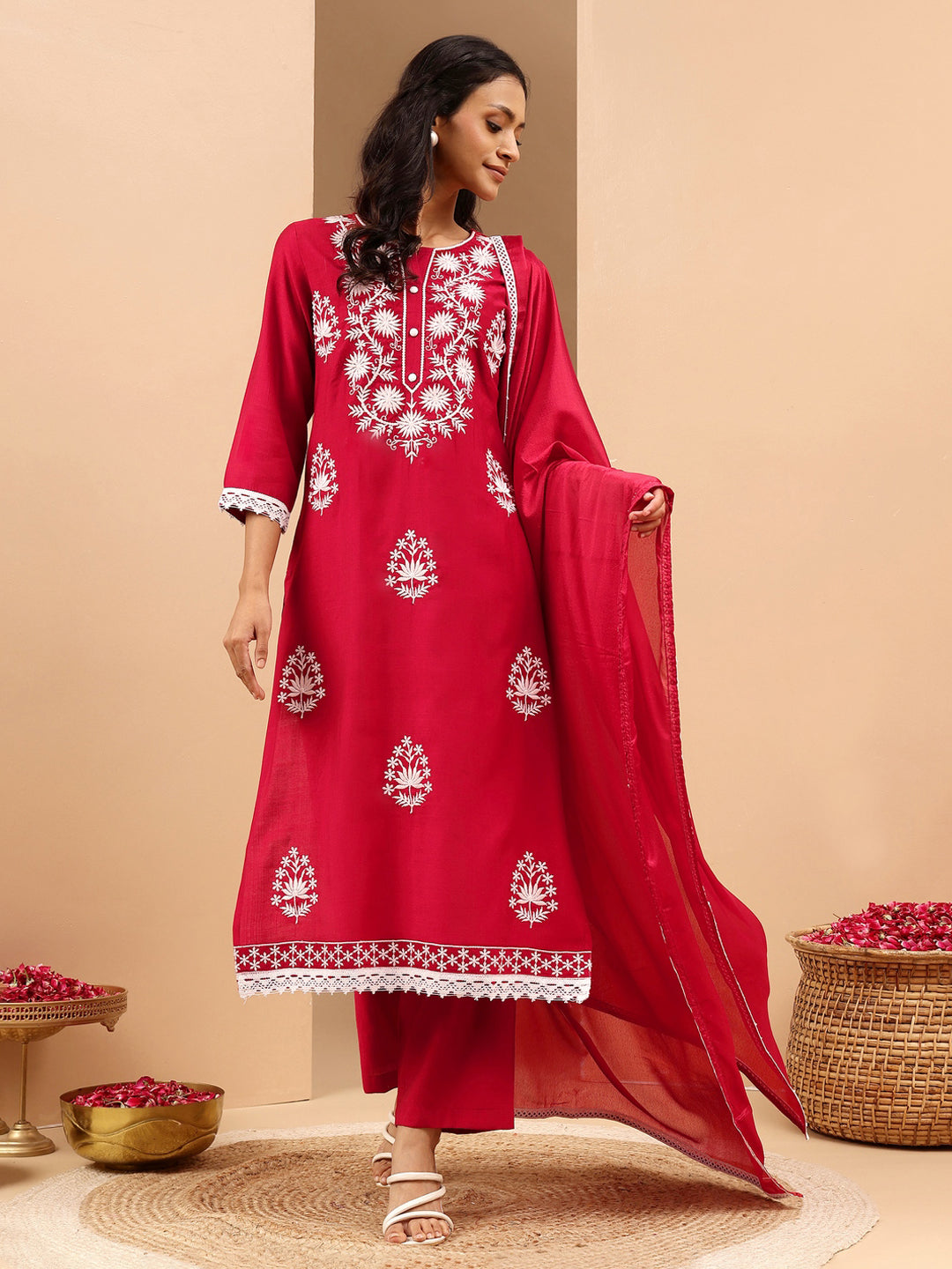 Maroon Silk Blend Embroidered 3-Piece Kurta Set