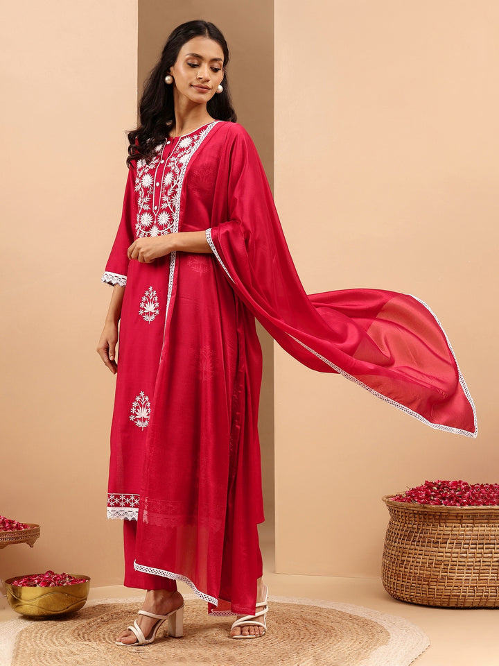 Maroon Silk Blend Embroidered 3-Piece Kurta Set