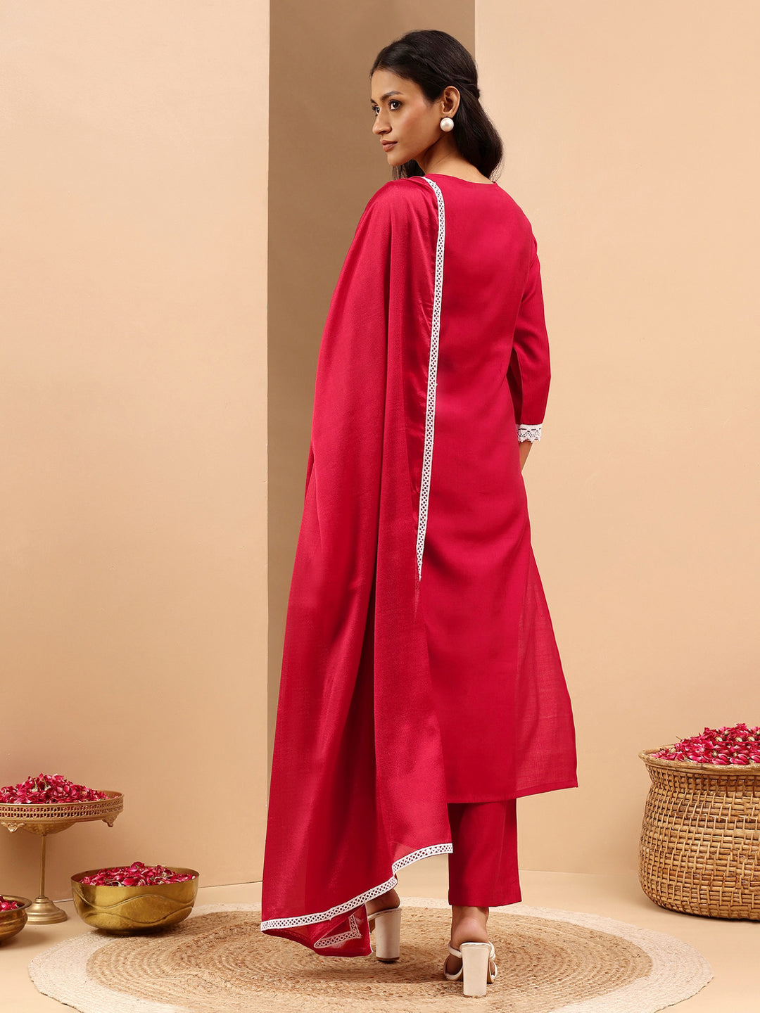 Maroon Silk Blend Embroidered 3-Piece Kurta Set