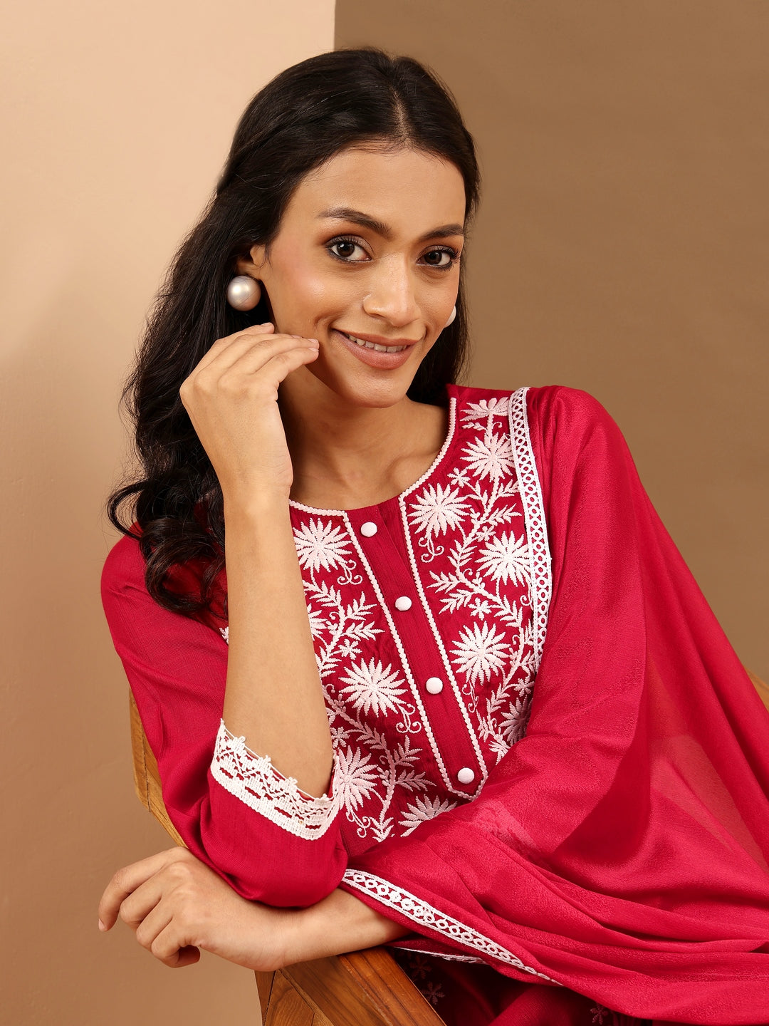 Maroon Silk Blend Embroidered 3-Piece Kurta Set