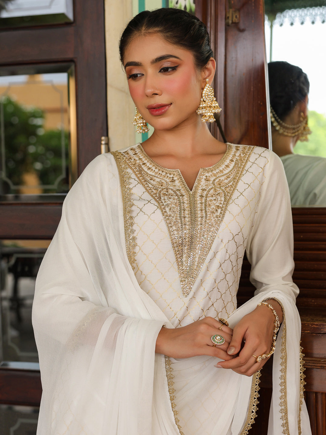 Off White Chanderi Yoke Embroidered 3-Piece Kurta Set